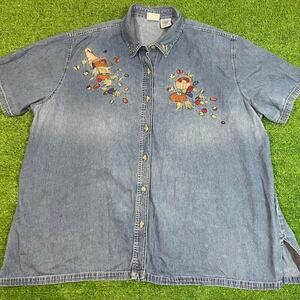 VTG 90s Bobbie Brooks Women 26W/28W‎ Denim Embroidered Shirt Fall Thanksgiving
